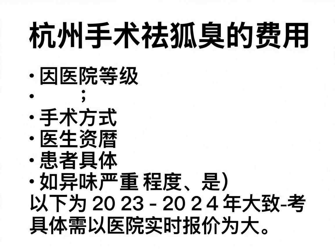 杭州手术祛除狐臭的费用因医院等级、手术方式、医生资历及患者具体情况(如异味严重程度、是否有医保等)而差异较大。以下为2023-2024年大致的参考范围(具体需以医院实时报价为准) 杭州手术祛除狐臭的费用因医院等级、手术方式、医生资历及患者具体情况(如异味严重程度、是否有医保等)而差异较大。以下为2023-2024年大致的参考范围(具体需以医院实时报价为准)