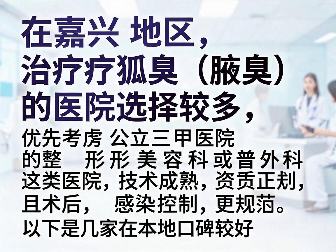 在嘉兴地区,治疗狐臭(腋臭)的医院选择较多,但建议优先考虑公立三甲医院的整形美容科或普外科,这类医院技术成熟、资质正规,且术后感染控制更规范。以下是几家在本地口碑较好的医院及科室参考 在嘉兴地区,治疗狐臭(腋臭)的医院选择较多,但建议优先考虑公立三甲医院的整形美容科或普外科,这类医院技术成熟、资质正规,且术后感染控制更规范。以下是几家在本地口碑较好的医院及科室参考