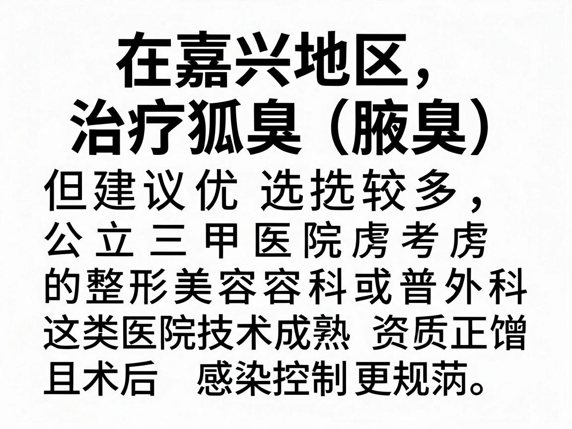 在嘉兴地区,治疗狐臭(腋臭)的医院选择较多,但建议优先考虑公立三甲医院的整形美容科或普外科,这类医院技术成熟、资质正规,且术后感染控制更规范。以下是几家在本地口碑较好的医院及科室参考 在嘉兴地区,治疗狐臭(腋臭)的医院选择较多,但建议优先考虑公立三甲医院的整形美容科或普外科,这类医院技术成熟、资质正规,且术后感染控制更规范。以下是几家在本地口碑较好的医院及科室参考