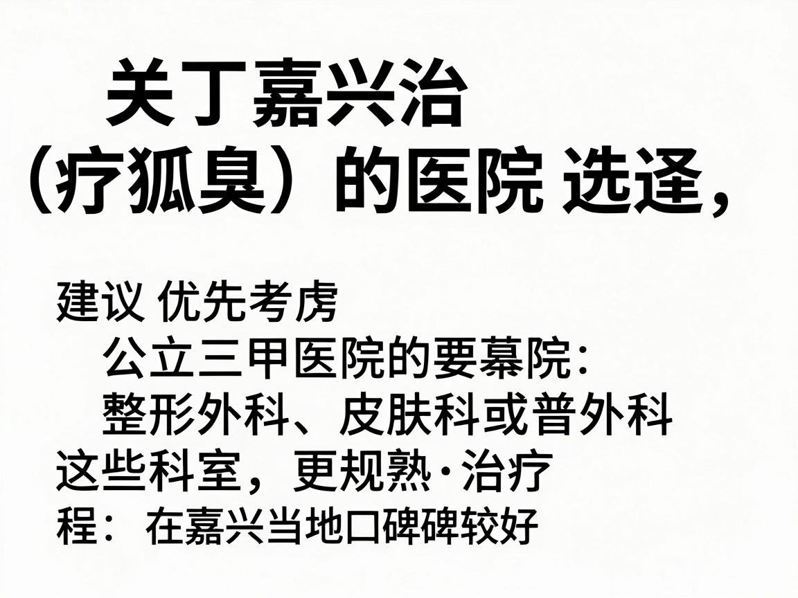 关于嘉兴治疗狐臭(腋臭)的医院选择,建议优先考虑公立三甲医院的整形外科、皮肤科或普外科,这些科室通常拥有更规范的治疗流程和成熟的技术。以下是一些在嘉兴当地口碑较好的医院及其相关科室供您参考 关于嘉兴治疗狐臭(腋臭)的医院选择,建议优先考虑公立三甲医院的整形外科、皮肤科或普外科,这些科室通常拥有更规范的治疗流程和成熟的技术。以下是一些在嘉兴当地口碑较好的医院及其相关科室供您参考