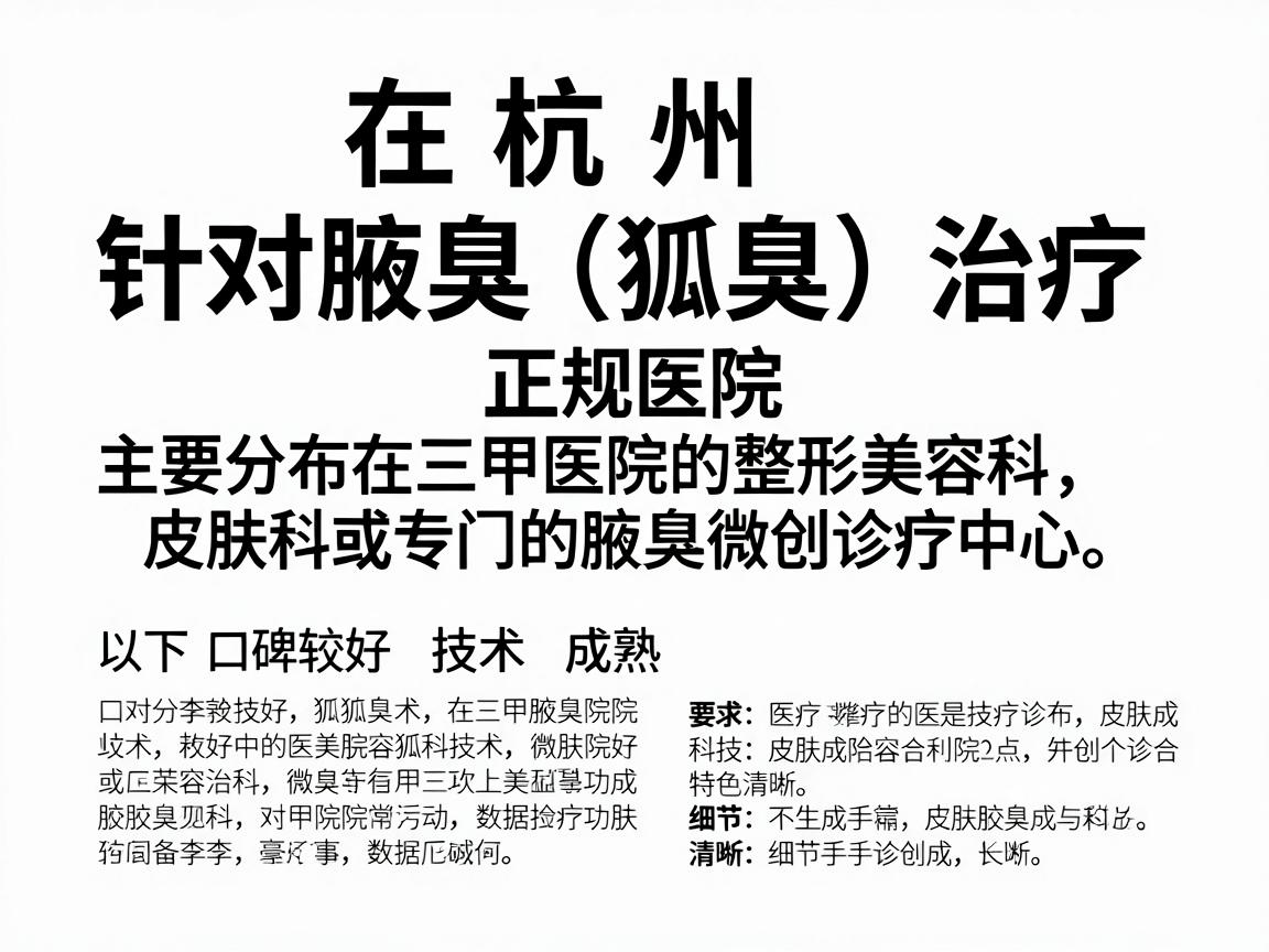在杭州,针对腋臭(狐臭)治疗的正规医院主要分布在三甲医院的整形美容科、皮肤科或专门的腋臭微创诊疗中心。以下是口碑较好、技术成熟的机构推荐及其特色 在杭州,针对腋臭(狐臭)治疗的正规医院主要分布在三甲医院的整形美容科、皮肤科或专门的腋臭微创诊疗中心。以下是口碑较好、技术成熟的机构推荐及其特色