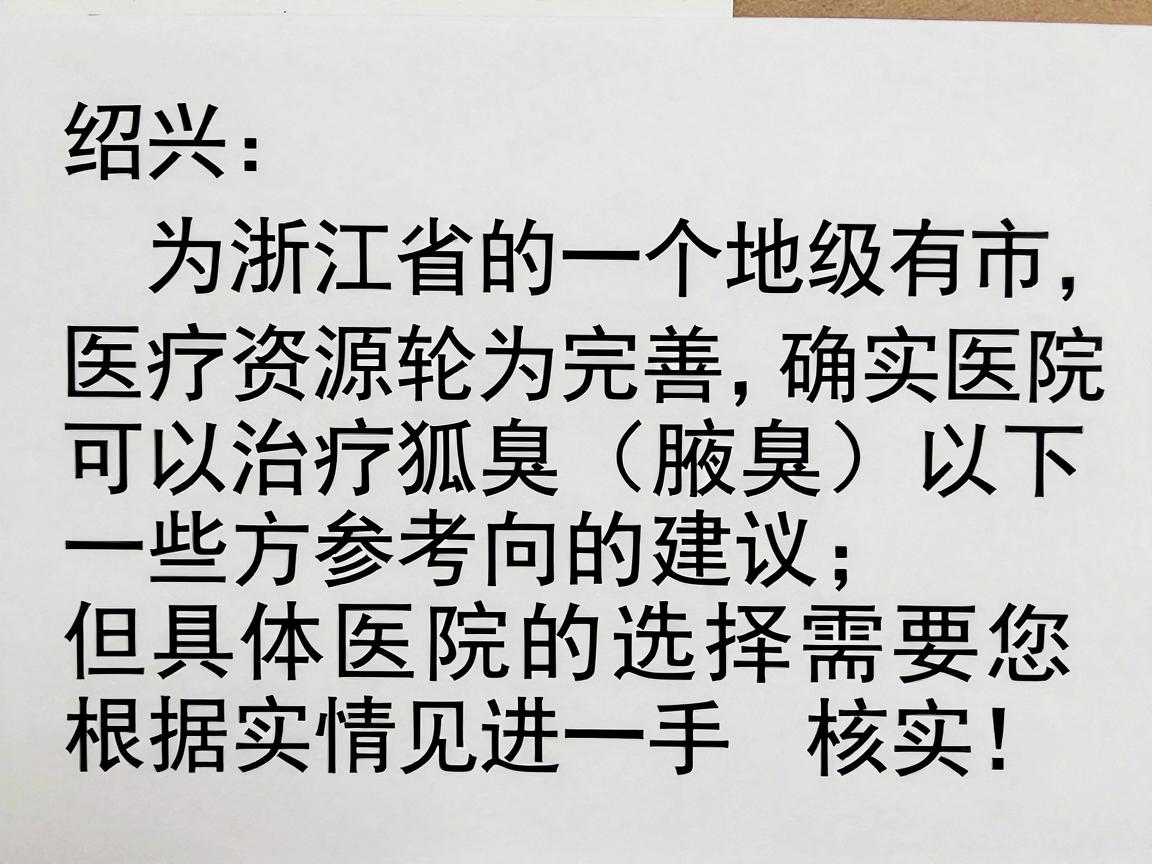 绍兴作为浙江省的一个地级市,医疗资源较为完善,确实有医院可以治疗狐臭(腋臭)以下是一些参考方向的建议,但具体医院的选择需要您根据实际情况进一步核实 绍兴作为浙江省的一个地级市,医疗资源较为完善,确实有医院可以治疗狐臭(腋臭)以下是一些参考方向的建议,但具体医院的选择需要您根据实际情况进一步核实