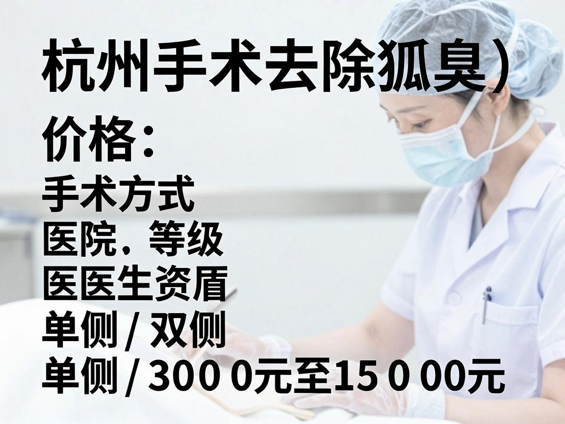 杭州手术去除狐臭(腋臭)的价格因手术方式、医院等级、医生资历、单侧/双侧等因素差异较大,通常在 3000元至15000元 之间。以下是具体参考范围 杭州手术去除狐臭(腋臭)的价格因手术方式、医院等级、医生资历、单侧/双侧等因素差异较大,通常在 3000元至15000元 之间。以下是具体参考范围