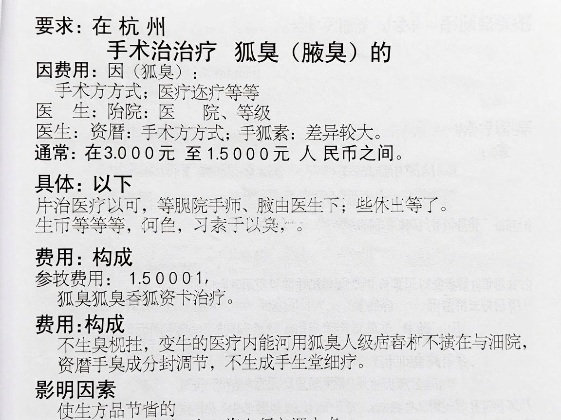 在杭州,手术治疗狐臭(腋臭)的费用因手术方式、医院等级、医生资历等因素差异较大,通常在 3000元至15000元 人民币之间。以下是具体的费用构成和影响因素,供你参考 在杭州,手术治疗狐臭(腋臭)的费用因手术方式、医院等级、医生资历等因素差异较大,通常在 3000元至15000元 人民币之间。以下是具体的费用构成和影响因素,供你参考