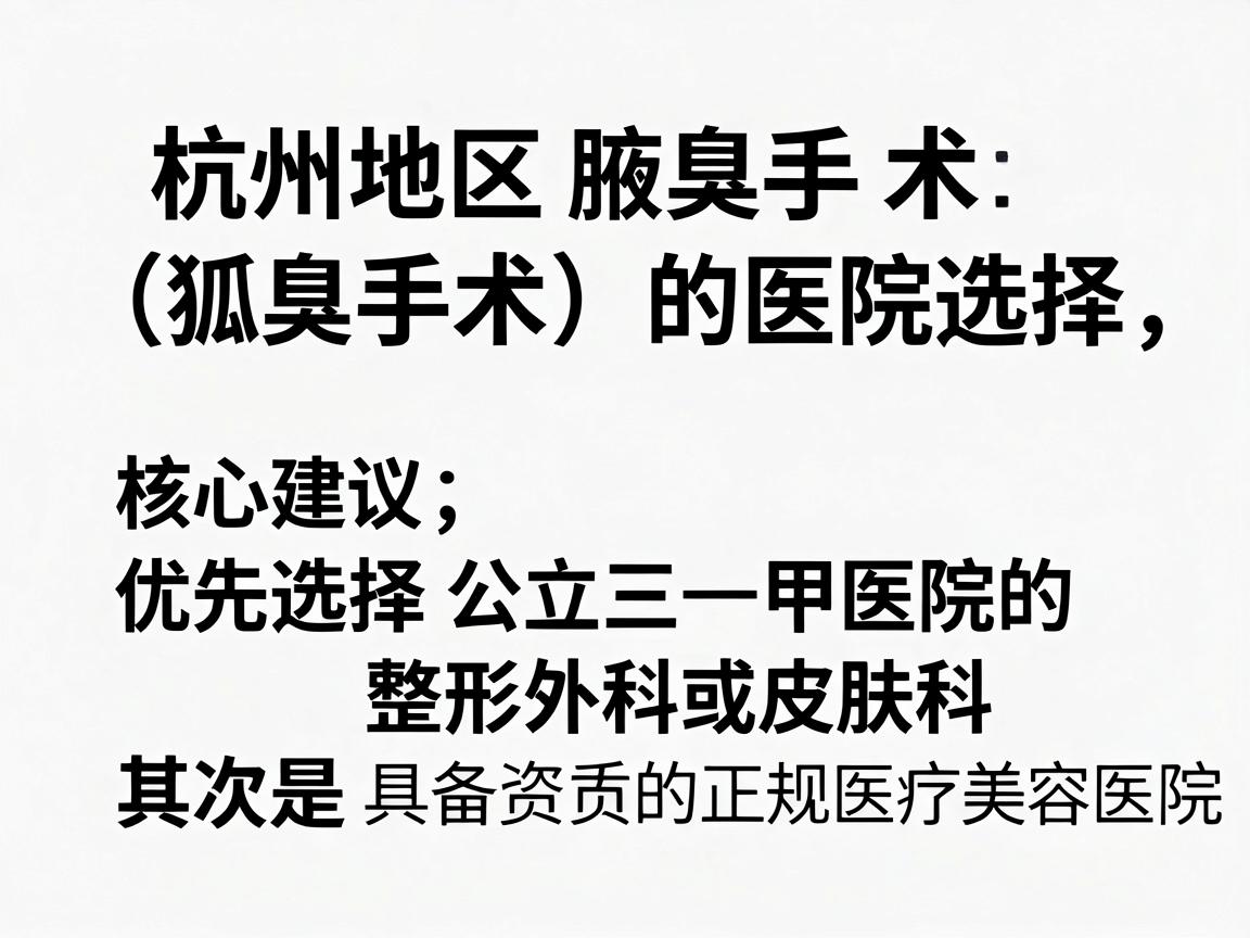 针对杭州地区腋臭手术（狐臭手术）的医院选择，核心建议是，优先选择公立三甲医院的整形外科或皮肤科，其次是具备资质的正规医疗美容医院