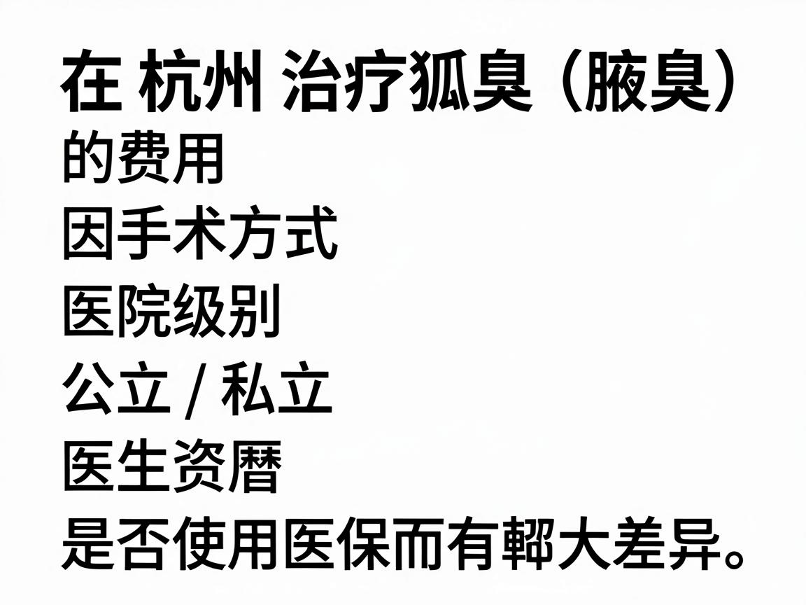 在杭州治疗狐臭(腋臭)的费用因手术方式、医院级别(公立/私立)医生资历以及是否使用医保而有较大差异。一般参考范围如下 在杭州治疗狐臭(腋臭)的费用因手术方式、医院级别(公立/私立)医生资历以及是否使用医保而有较大差异。一般参考范围如下