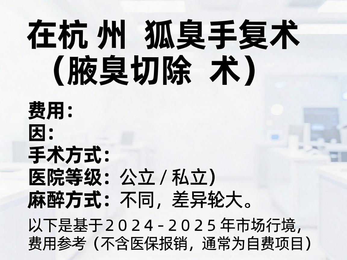 在杭州，狐臭手术（腋臭切除术）的费用因手术方式、医院等级（公立/私立）以及麻醉方式的不同，差异较大。以下是基于2024-2025年市场行情的费用参考（不含医保报销，通常为自费项目）