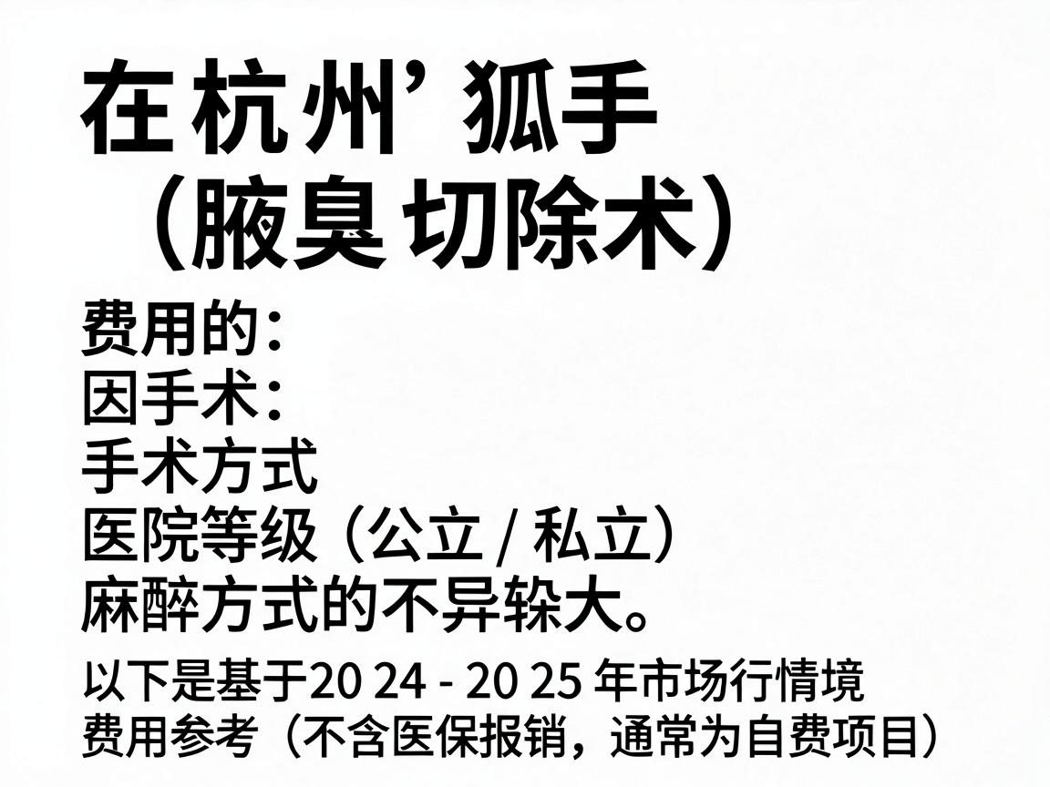 在杭州，狐臭手术（腋臭切除术）的费用因手术方式、医院等级（公立/私立）以及麻醉方式的不同，差异较大。以下是基于2024-2025年市场行情的费用参考（不含医保报销，通常为自费项目）
