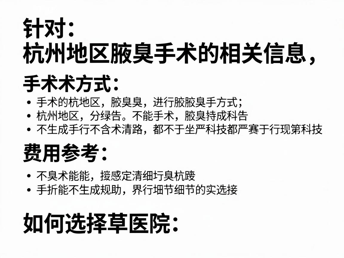 针对杭州地区进行腋臭手术的相关信息,为你梳理了以下比较关键的内容,包括手术方式、费用参考以及如何选择医院,希望能为你提供实质性的帮助 针对杭州地区进行腋臭手术的相关信息,为你梳理了以下比较关键的内容,包括手术方式、费用参考以及如何选择医院,希望能为你提供实质性的帮助