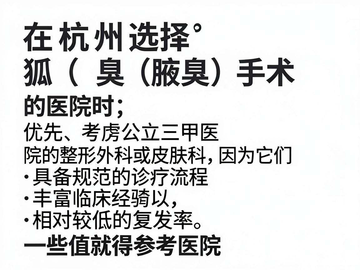 在杭州选择狐臭(腋臭)手术的医院时,建议优先考虑公立三甲医院的整形外科或皮肤科,因为它们具备规范的诊疗流程、丰富的临床经验以及相对较低的复发率。以下是一些值得参考的医院和选择要点 在杭州选择狐臭(腋臭)手术的医院时,建议优先考虑公立三甲医院的整形外科或皮肤科,因为它们具备规范的诊疗流程、丰富的临床经验以及相对较低的复发率。以下是一些值得参考的医院和选择要点