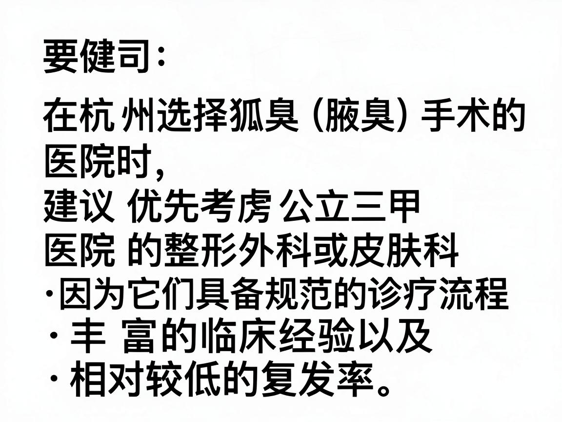 在杭州选择狐臭(腋臭)手术的医院时,建议优先考虑公立三甲医院的整形外科或皮肤科,因为它们具备规范的诊疗流程、丰富的临床经验以及相对较低的复发率。以下是一些值得参考的医院和选择要点 在杭州选择狐臭(腋臭)手术的医院时,建议优先考虑公立三甲医院的整形外科或皮肤科,因为它们具备规范的诊疗流程、丰富的临床经验以及相对较低的复发率。以下是一些值得参考的医院和选择要点