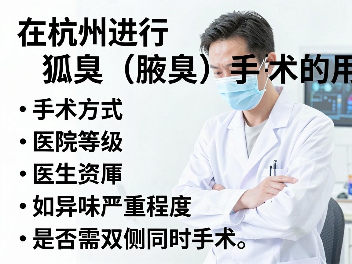 在杭州进行狐臭(腋臭)手术的费用因手术方式、医院等级、医生资历及个人情况(如异味严重程度、是否需双侧同时手术)而有所不同。以下是大致的价格范围供参考 在杭州进行狐臭(腋臭)手术的费用因手术方式、医院等级、医生资历及个人情况(如异味严重程度、是否需双侧同时手术)而有所不同。以下是大致的价格范围供参考