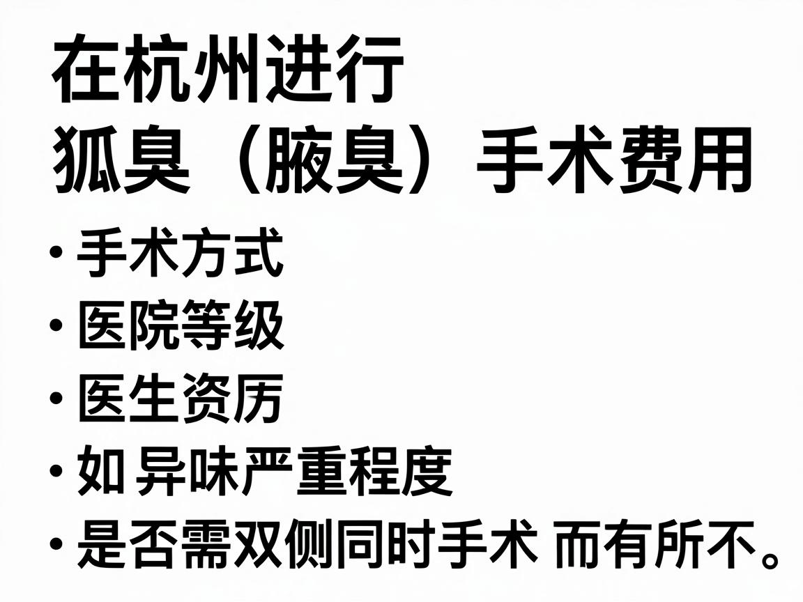 在杭州进行狐臭(腋臭)手术的费用因手术方式、医院等级、医生资历及个人情况(如异味严重程度、是否需双侧同时手术)而有所不同。以下是大致的价格范围供参考 在杭州进行狐臭(腋臭)手术的费用因手术方式、医院等级、医生资历及个人情况(如异味严重程度、是否需双侧同时手术)而有所不同。以下是大致的价格范围供参考
