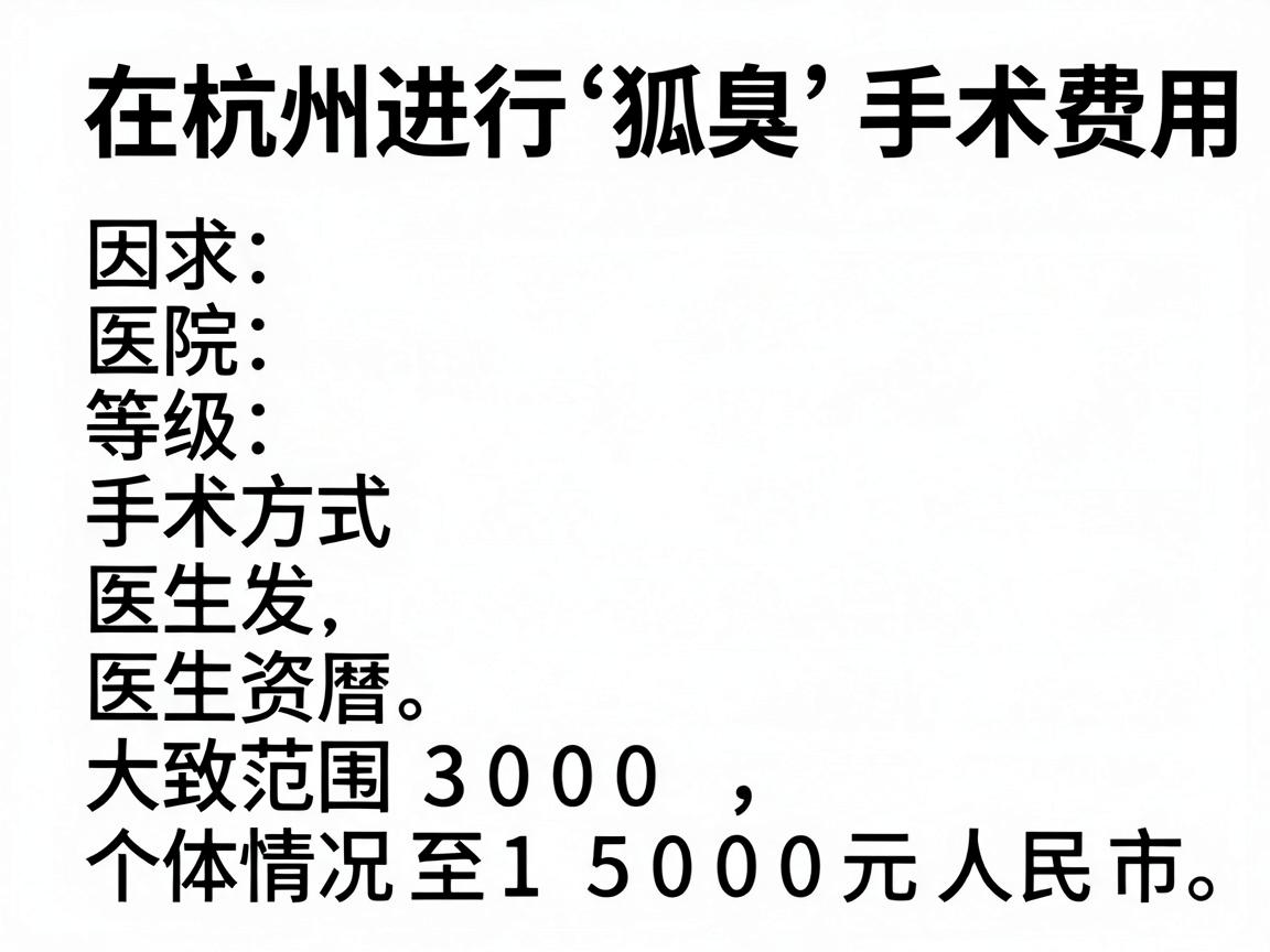 在杭州进行狐臭(腋臭)手术的费用因医院等级、手术方式、医生资历及个体情况差异较大,大致范围在 3000元至15000元人民币。以下是具体影响因素及参考价格 在杭州进行狐臭(腋臭)手术的费用因医院等级、手术方式、医生资历及个体情况差异较大,大致范围在 3000元至15000元人民币。以下是具体影响因素及参考价格