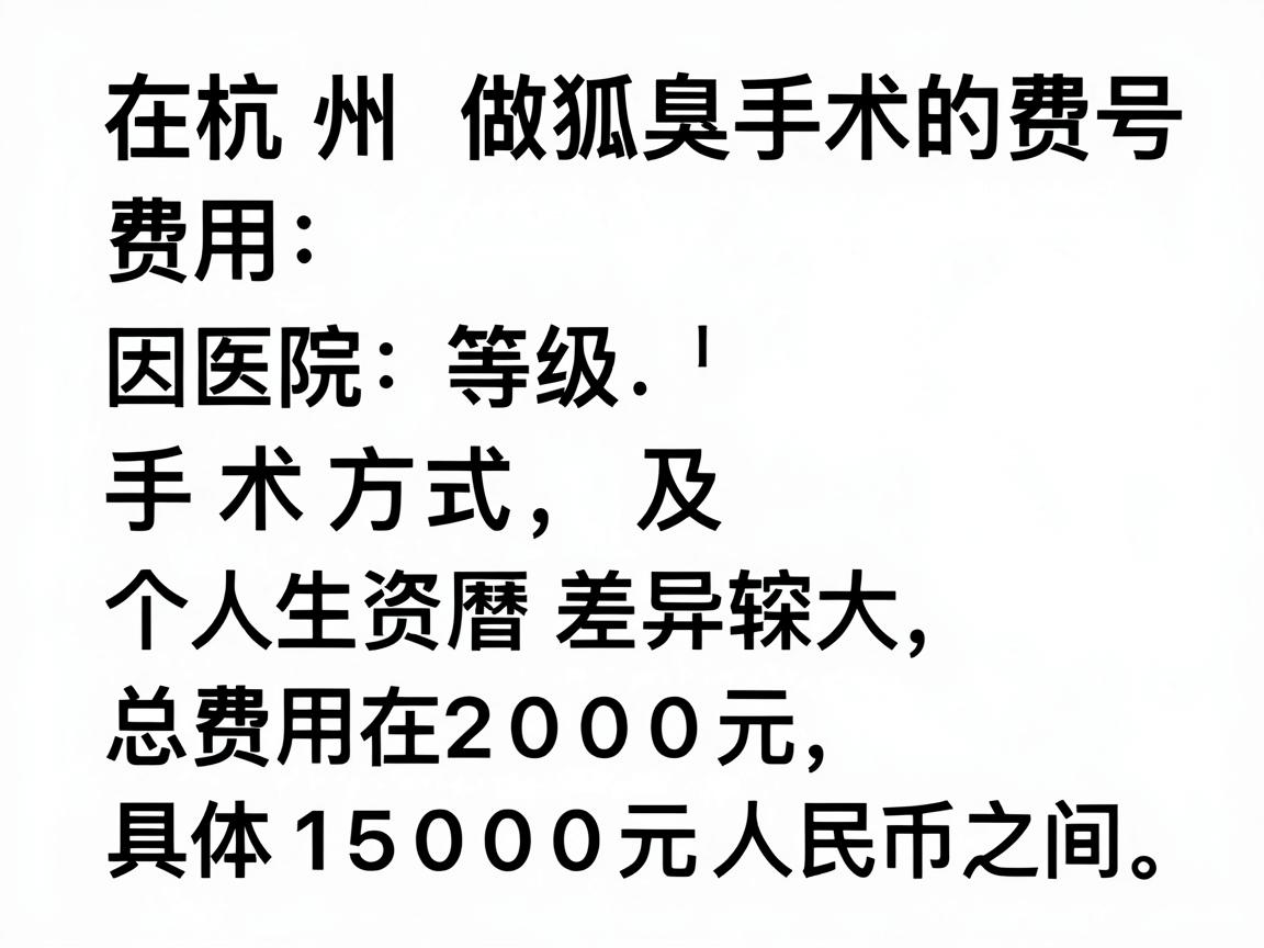 在杭州,做狐臭手术的费用因医院等级、手术方式、医生资历及个人情况差异较大,总费用通常在 2000元 至 15000元 人民币之间,具体可以分为以下几个部分 在杭州,做狐臭手术的费用因医院等级、手术方式、医生资历及个人情况差异较大,总费用通常在 2000元 至 15000元 人民币之间,具体可以分为以下几个部分