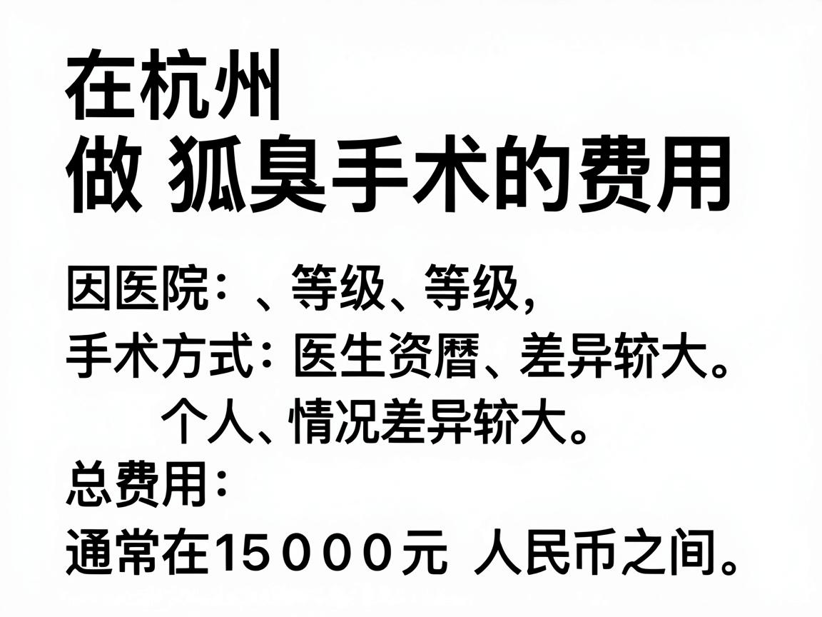 在杭州,做狐臭手术的费用因医院等级、手术方式、医生资历及个人情况差异较大,总费用通常在 2000元 至 15000元 人民币之间,具体可以分为以下几个部分 在杭州,做狐臭手术的费用因医院等级、手术方式、医生资历及个人情况差异较大,总费用通常在 2000元 至 15000元 人民币之间,具体可以分为以下几个部分