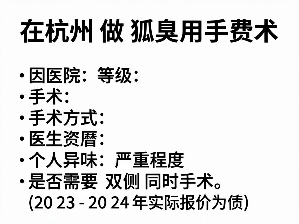 在杭州做狐臭手术的费用因医院等级、手术方式、医生资历及个人情况(如异味严重程度、是否需要双侧同时手术)等因素差异较大。以下为大致参考范围(2023-2024年数据,具体以医院实际报价为准) 在杭州做狐臭手术的费用因医院等级、手术方式、医生资历及个人情况(如异味严重程度、是否需要双侧同时手术)等因素差异较大。以下为大致参考范围(2023-2024年数据,具体以医院实际报价为准)