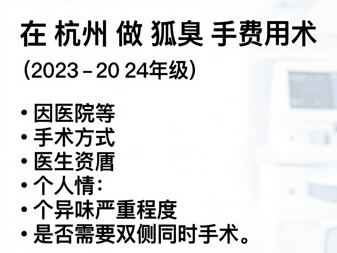 在杭州做狐臭手术的费用因医院等级、手术方式、医生资历及个人情况(如异味严重程度、是否需要双侧同时手术)等因素差异较大。以下为大致参考范围(2023-2024年数据,具体以医院实际报价为准) 在杭州做狐臭手术的费用因医院等级、手术方式、医生资历及个人情况(如异味严重程度、是否需要双侧同时手术)等因素差异较大。以下为大致参考范围(2023-2024年数据,具体以医院实际报价为准)
