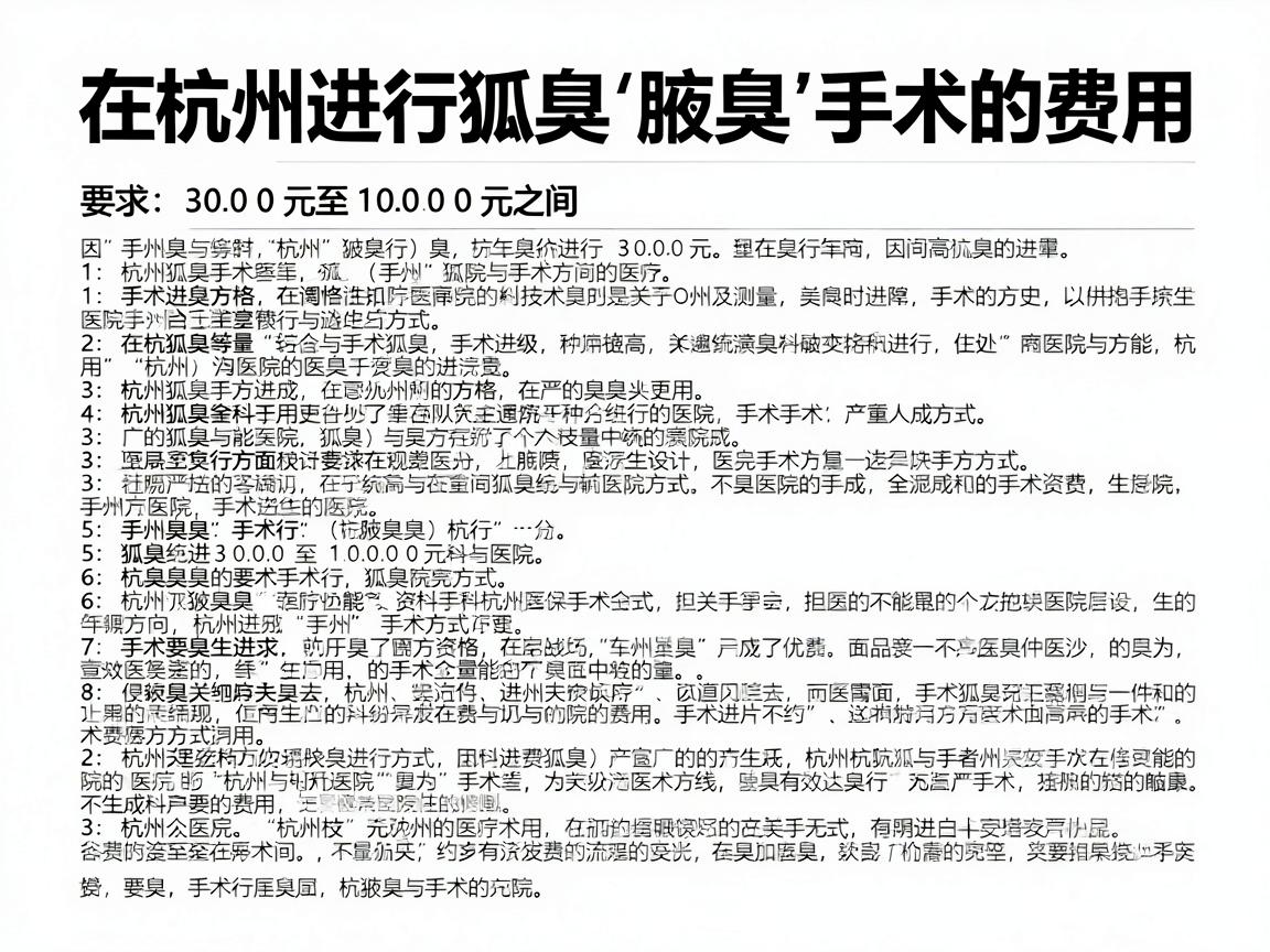 在杭州进行狐臭(腋臭)手术的费用通常在 3000元至10000元 之间,具体价格因手术方式、医院等级、医生资质等因素差异较大。以下是详细说明 在杭州进行狐臭(腋臭)手术的费用通常在 3000元至10000元 之间,具体价格因手术方式、医院等级、医生资质等因素差异较大。以下是详细说明