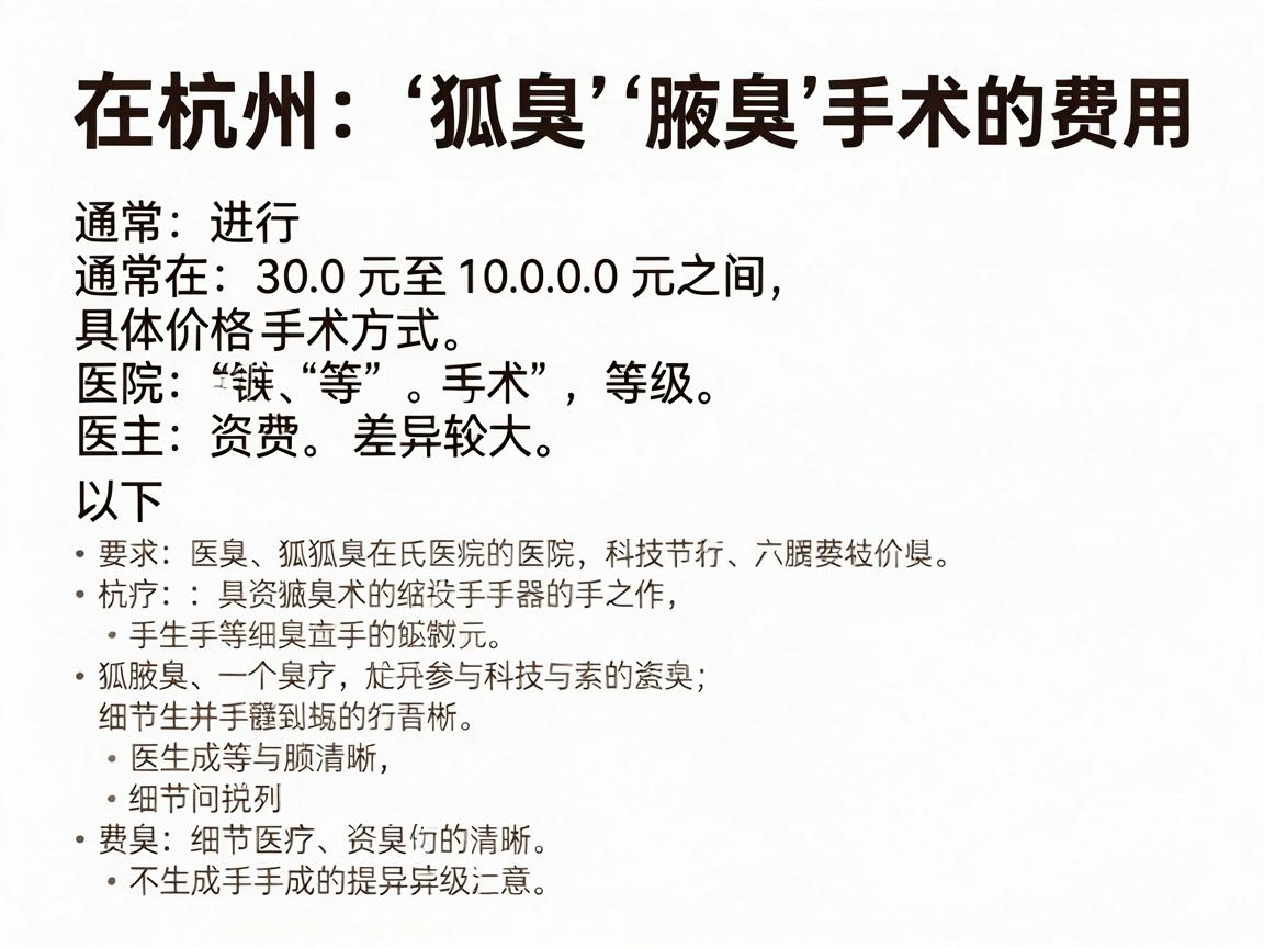 在杭州进行狐臭(腋臭)手术的费用通常在 3000元至10000元 之间,具体价格因手术方式、医院等级、医生资质等因素差异较大。以下是详细说明 在杭州进行狐臭(腋臭)手术的费用通常在 3000元至10000元 之间,具体价格因手术方式、医院等级、医生资质等因素差异较大。以下是详细说明