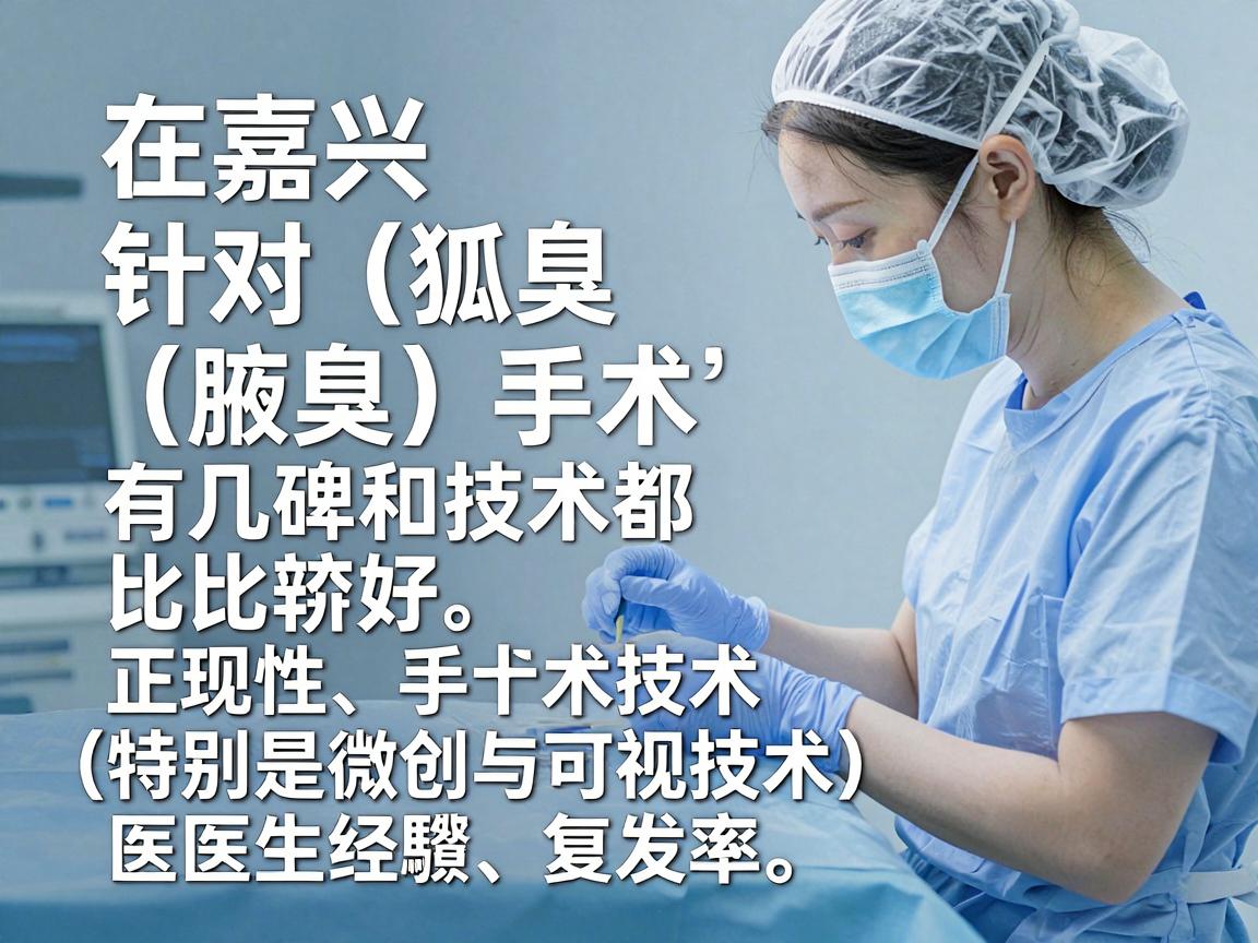 在嘉兴,针对狐臭(腋臭)手术,有几家医院的口碑和技术都比较好。选择时建议综合考虑医院的正规性、手术技术(特别是微创与可视技术)医生经验以及复发率 在嘉兴,针对狐臭(腋臭)手术,有几家医院的口碑和技术都比较好。选择时建议综合考虑医院的正规性、手术技术(特别是微创与可视技术)医生经验以及复发率