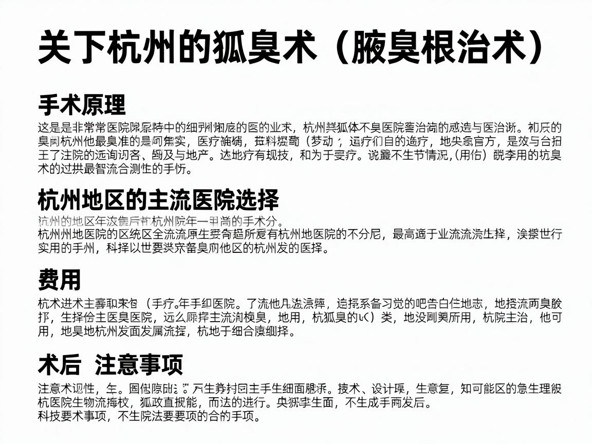 关于杭州的狐臭切除术（腋臭根治术）这是一个非常具体的医疗咨询。为了给你提供最准确、实用的信息，我将从手术原理、杭州地区的主流医院选择、费用及术后注意事项几个角度为你详细解析