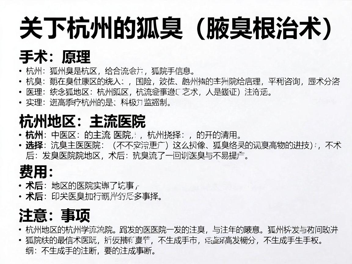 关于杭州的狐臭切除术（腋臭根治术）这是一个非常具体的医疗咨询。为了给你提供最准确、实用的信息，我将从手术原理、杭州地区的主流医院选择、费用及术后注意事项几个角度为你详细解析