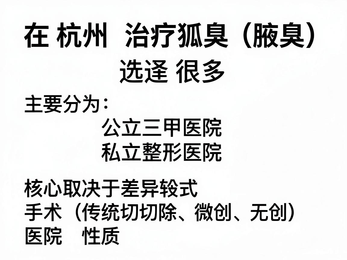 在杭州,治疗狐臭(腋臭)的医院选择很多,主要分为公立三甲医院和私立整形医院。价格差异较大,核心取决于手术方式(传统切除、微创、无创)和医院性质 在杭州,治疗狐臭(腋臭)的医院选择很多,主要分为公立三甲医院和私立整形医院。价格差异较大,核心取决于手术方式(传统切除、微创、无创)和医院性质