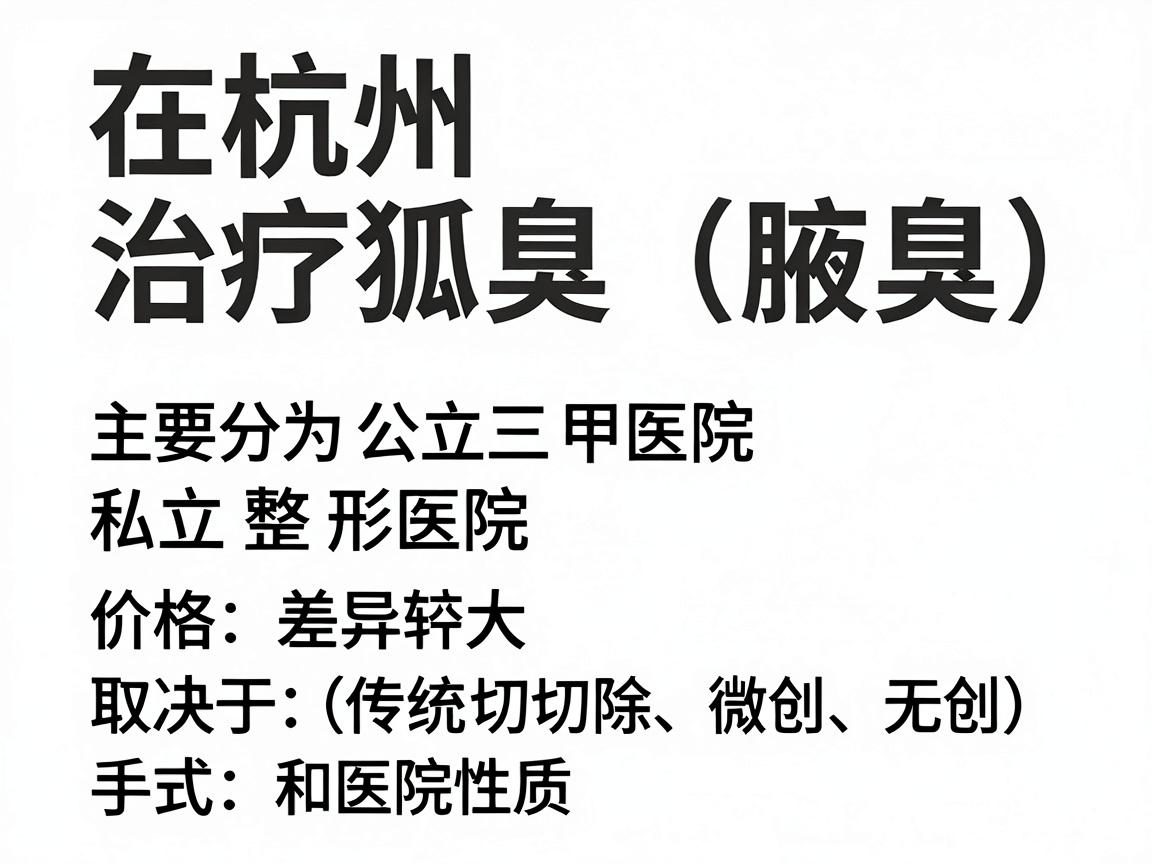 在杭州,治疗狐臭(腋臭)的医院选择很多,主要分为公立三甲医院和私立整形医院。价格差异较大,核心取决于手术方式(传统切除、微创、无创)和医院性质 在杭州,治疗狐臭(腋臭)的医院选择很多,主要分为公立三甲医院和私立整形医院。价格差异较大,核心取决于手术方式(传统切除、微创、无创)和医院性质