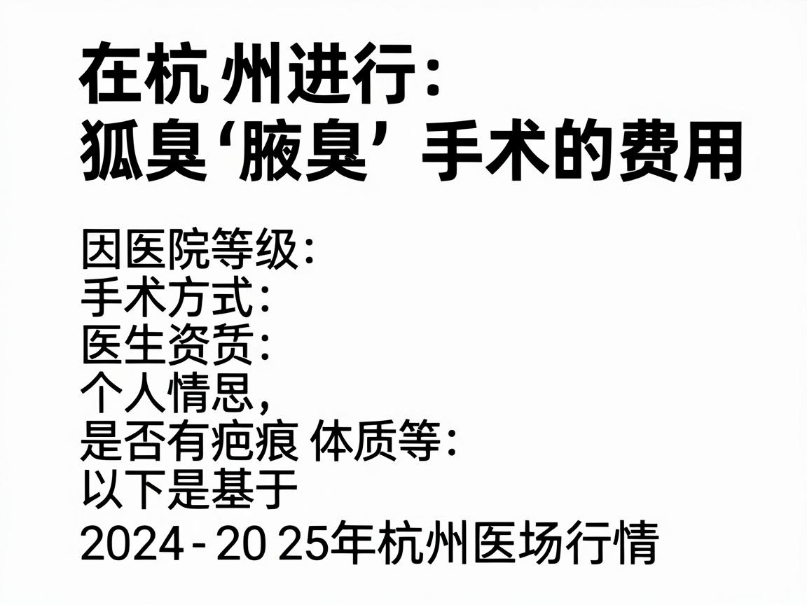 在杭州进行狐臭(腋臭)手术的费用因医院等级、手术方式、医生资质及个人情况(如异味严重程度、是否有疤痕体质等)而异。以下是基于2024-2025年杭州医疗市场行情的大致参考范围 在杭州进行狐臭(腋臭)手术的费用因医院等级、手术方式、医生资质及个人情况(如异味严重程度、是否有疤痕体质等)而异。以下是基于2024-2025年杭州医疗市场行情的大致参考范围