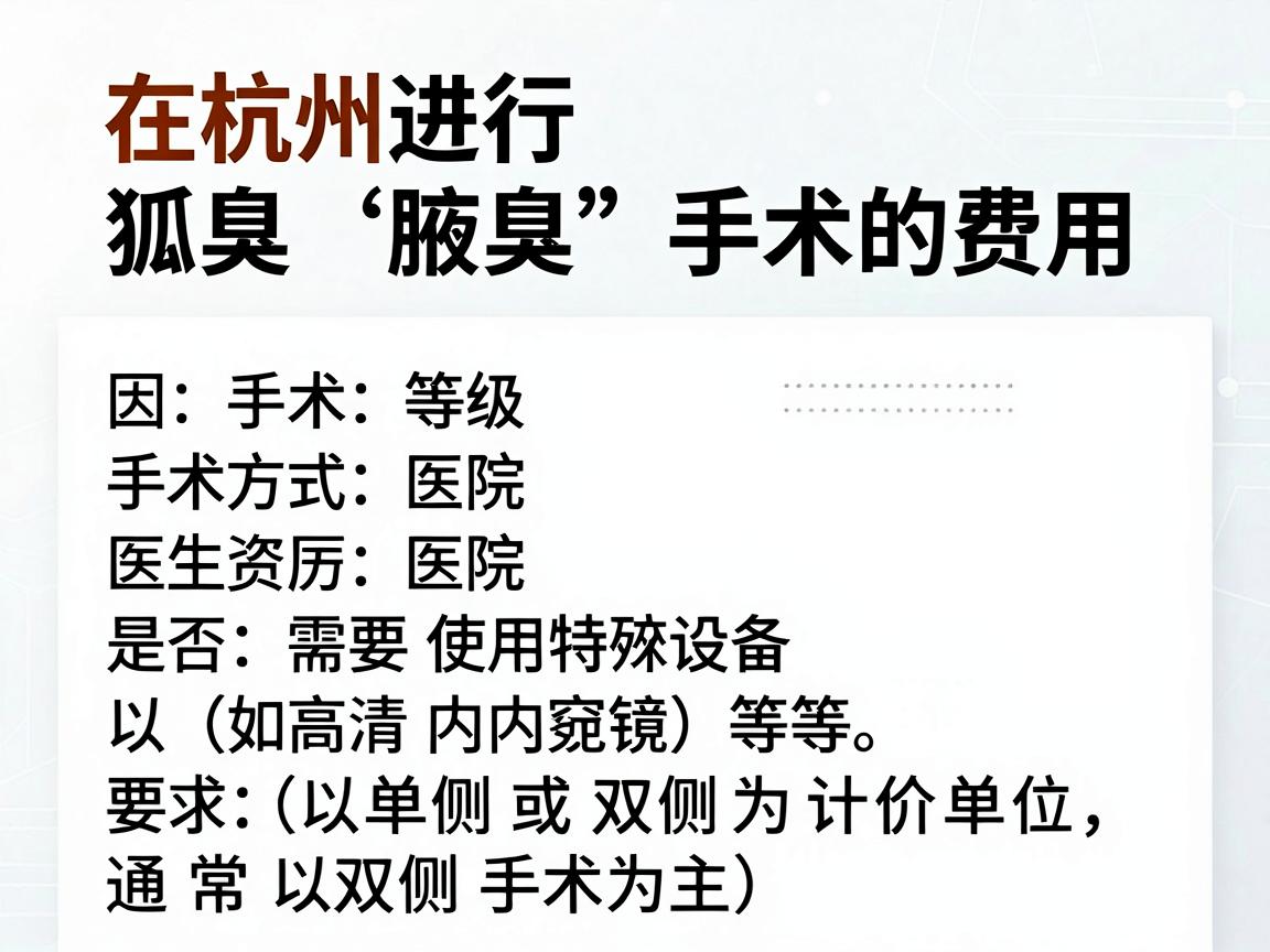 在杭州进行狐臭(腋臭)手术的费用因手术方式、医院等级、医生资历以及是否需要使用特殊设备(如高清内窥镜)等因素而有较大差异。以下是一个大致的费用参考范围(以单侧或双侧为计价单位,通常以双侧手术为主) 在杭州进行狐臭(腋臭)手术的费用因手术方式、医院等级、医生资历以及是否需要使用特殊设备(如高清内窥镜)等因素而有较大差异。以下是一个大致的费用参考范围(以单侧或双侧为计价单位,通常以双侧手术为主)