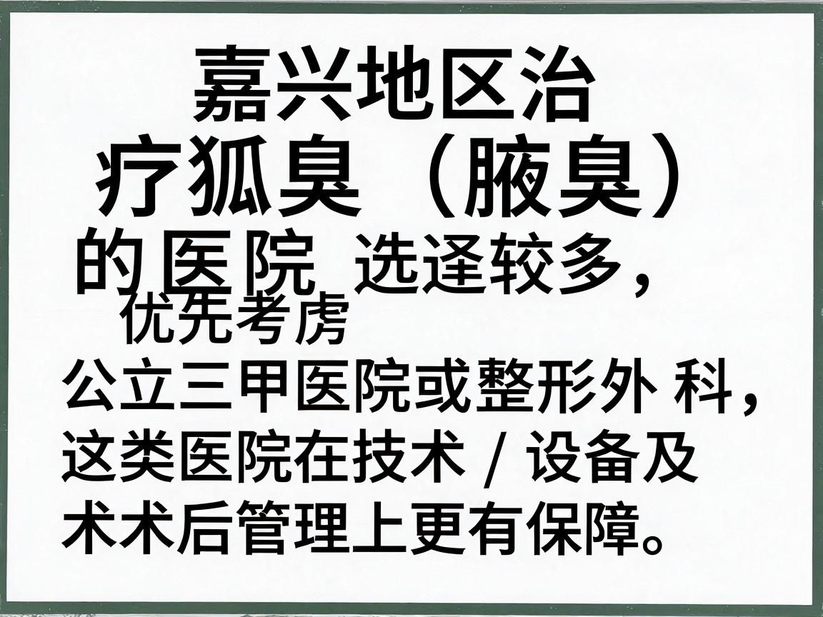 嘉兴地区治疗狐臭(腋臭)的医院选择较多,建议优先考虑公立三甲医院的皮肤科或整形外科,这类医院在技术、设备及术后管理上更有保障。以下是几家口碑较好的医院及科室推荐 嘉兴地区治疗狐臭(腋臭)的医院选择较多,建议优先考虑公立三甲医院的皮肤科或整形外科,这类医院在技术、设备及术后管理上更有保障。以下是几家口碑较好的医院及科室推荐