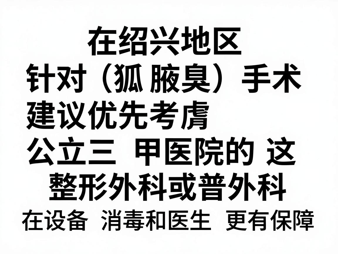 在绍兴地区,针对狐臭(腋臭)手术,建议优先考虑公立三甲医院的整形外科或普外科,这类医院在设备、消毒和医生经验上更有保障 在绍兴地区,针对狐臭(腋臭)手术,建议优先考虑公立三甲医院的整形外科或普外科,这类医院在设备、消毒和医生经验上更有保障