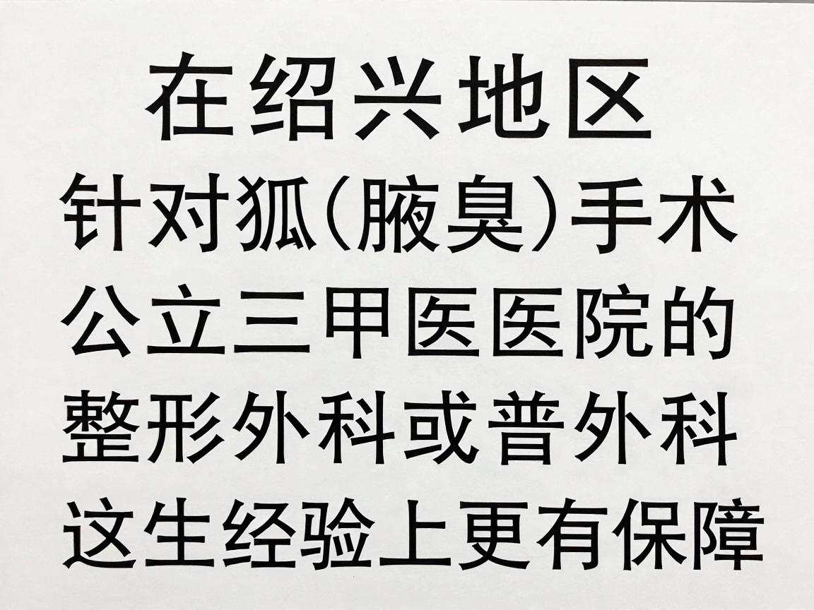 在绍兴地区,针对狐臭(腋臭)手术,建议优先考虑公立三甲医院的整形外科或普外科,这类医院在设备、消毒和医生经验上更有保障 在绍兴地区,针对狐臭(腋臭)手术,建议优先考虑公立三甲医院的整形外科或普外科,这类医院在设备、消毒和医生经验上更有保障
