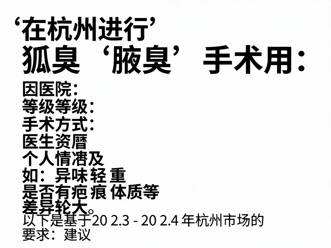 在杭州进行狐臭(腋臭)手术的费用因医院等级、手术方式、医生资历及个人情况(如异味轻重、是否有疤痕体质等)差异较大。以下是基于2023-2024年杭州市场的参考价格范围和建议 在杭州进行狐臭(腋臭)手术的费用因医院等级、手术方式、医生资历及个人情况(如异味轻重、是否有疤痕体质等)差异较大。以下是基于2023-2024年杭州市场的参考价格范围和建议