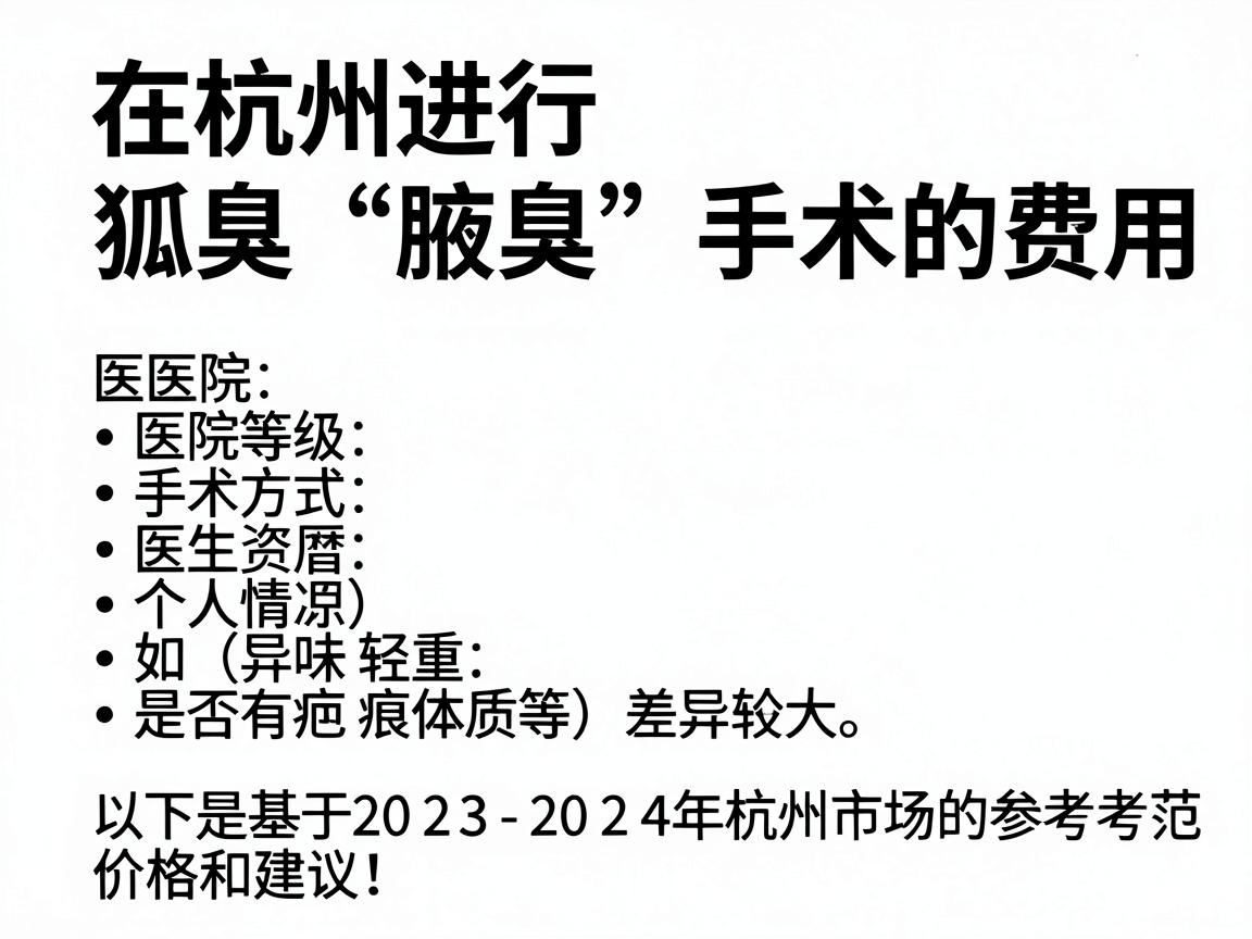 在杭州进行狐臭(腋臭)手术的费用因医院等级、手术方式、医生资历及个人情况(如异味轻重、是否有疤痕体质等)差异较大。以下是基于2023-2024年杭州市场的参考价格范围和建议 在杭州进行狐臭(腋臭)手术的费用因医院等级、手术方式、医生资历及个人情况(如异味轻重、是否有疤痕体质等)差异较大。以下是基于2023-2024年杭州市场的参考价格范围和建议