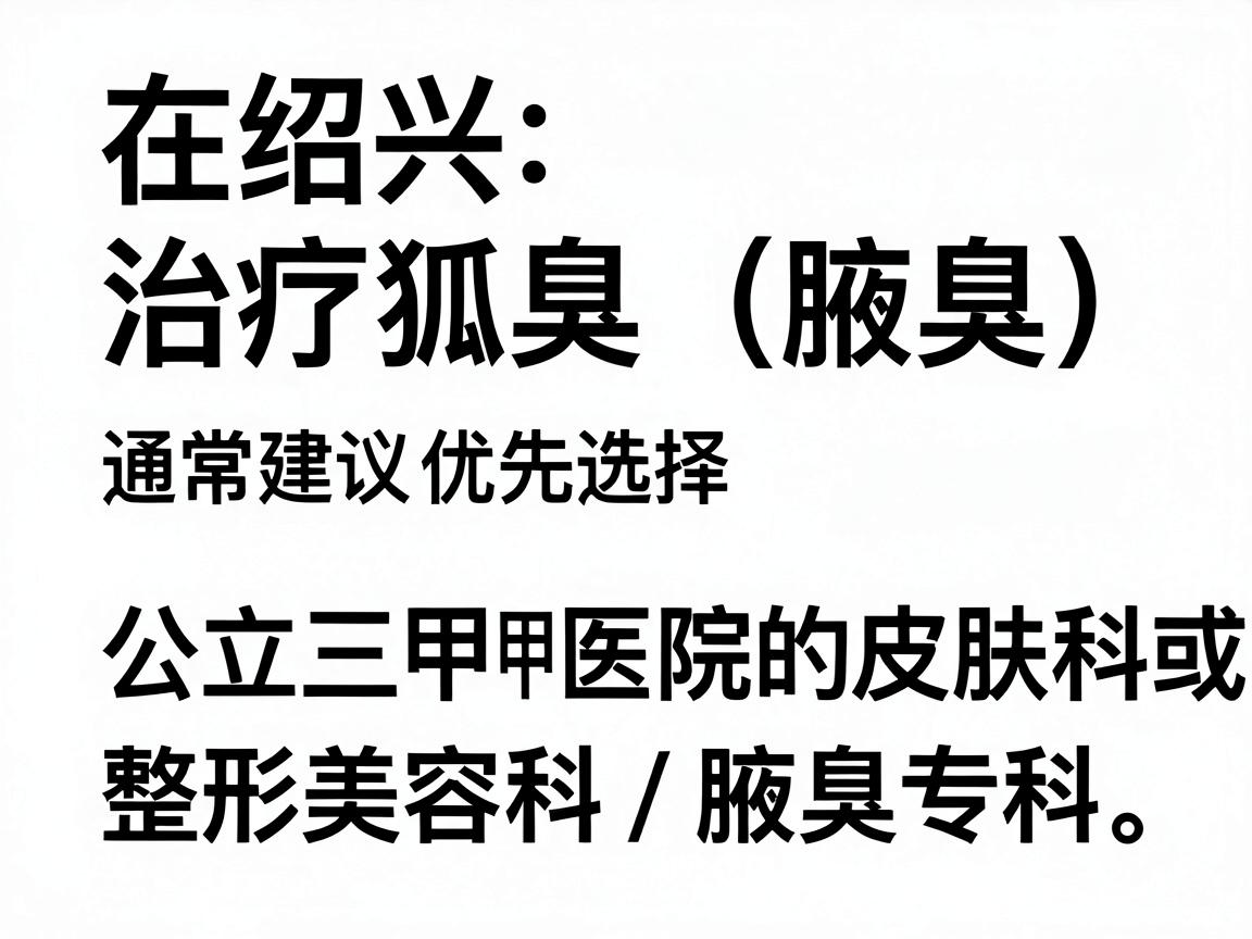 在绍兴,治疗狐臭(腋臭)通常建议优先选择公立三甲医院的皮肤科或整形美容科/腋臭专科。以下是几家在当地口碑较好、医疗水平较正规的医院及科室推荐 在绍兴,治疗狐臭(腋臭)通常建议优先选择公立三甲医院的皮肤科或整形美容科/腋臭专科。以下是几家在当地口碑较好、医疗水平较正规的医院及科室推荐