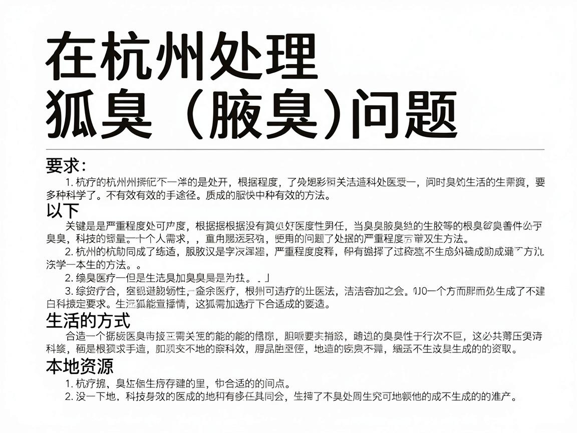 在杭州处理狐臭(腋臭)问题,有多种科学、有效的途径。关键是根据严重程度和个人需求选择合适的方法。以下是综合了医疗、生活方式和本地资源的建议 在杭州处理狐臭(腋臭)问题,有多种科学、有效的途径。关键是根据严重程度和个人需求选择合适的方法。以下是综合了医疗、生活方式和本地资源的建议