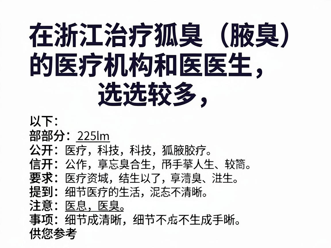 在浙江治疗狐臭（腋臭）的医疗机构和医生选择较多，以下是部分公开信息中提到的资源及注意事项，供您参考