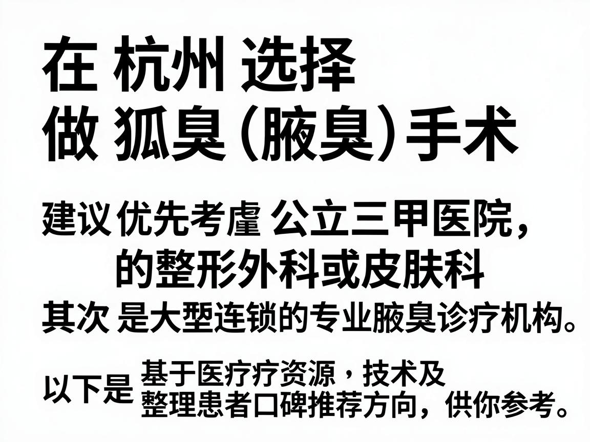 在杭州选择做狐臭(腋臭)手术,建议优先考虑公立三甲医院的整形外科或皮肤科,其次是大型连锁的专业腋臭诊疗机构。以下是基于医疗资源、技术及患者口碑整理的推荐方向,供你参考 在杭州选择做狐臭(腋臭)手术,建议优先考虑公立三甲医院的整形外科或皮肤科,其次是大型连锁的专业腋臭诊疗机构。以下是基于医疗资源、技术及患者口碑整理的推荐方向,供你参考