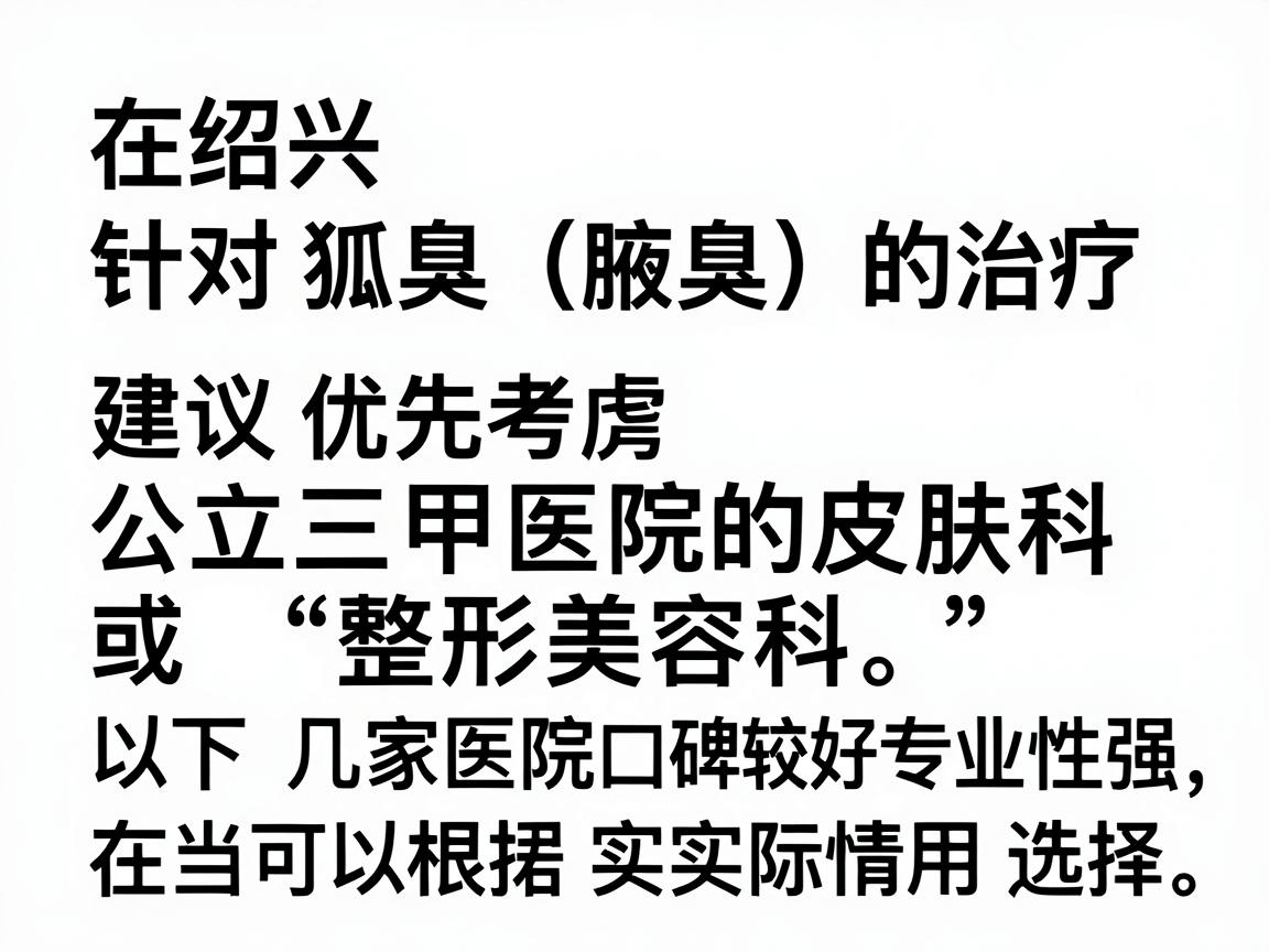 在绍兴,针对狐臭(腋臭)的治疗,建议优先考虑公立三甲医院的皮肤科或整形美容科。以下几家医院在当地口碑较好,专业性强,你可以根据实际情况选择 在绍兴,针对狐臭(腋臭)的治疗,建议优先考虑公立三甲医院的皮肤科或整形美容科。以下几家医院在当地口碑较好,专业性强,你可以根据实际情况选择