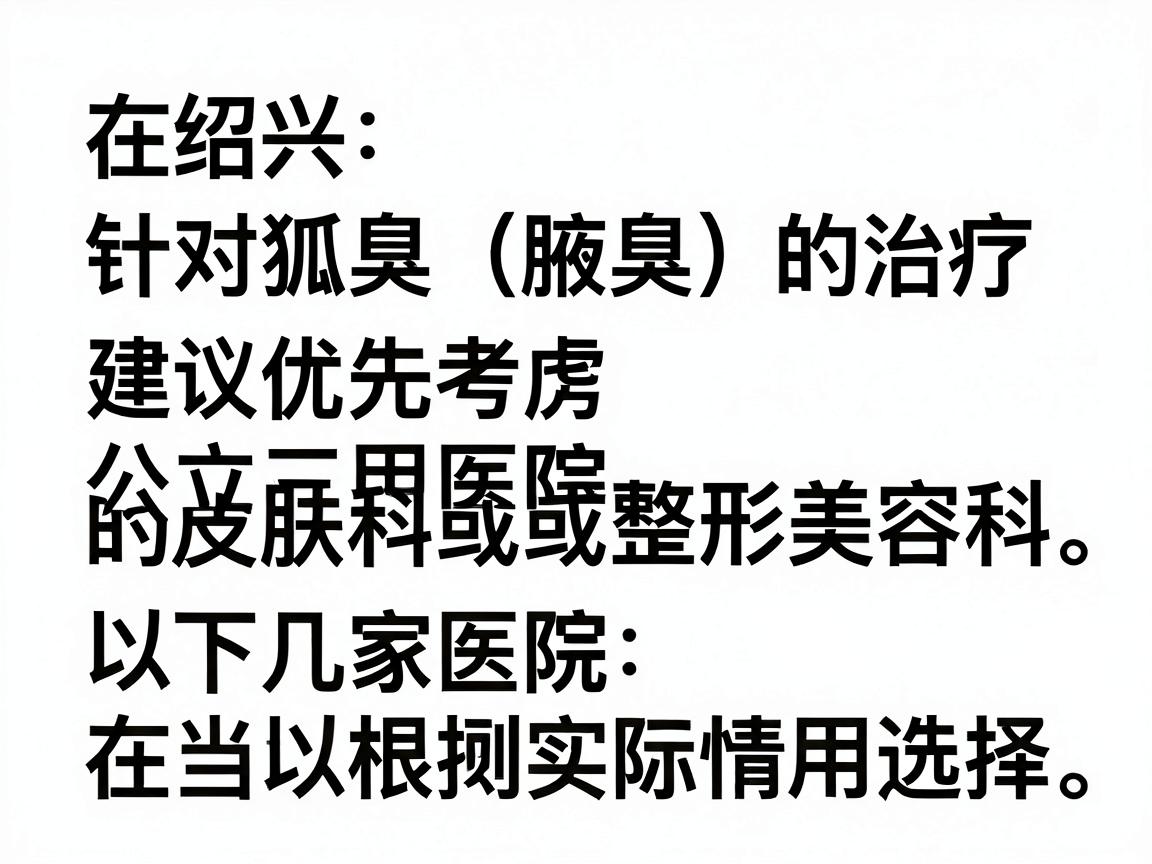 在绍兴,针对狐臭(腋臭)的治疗,建议优先考虑公立三甲医院的皮肤科或整形美容科。以下几家医院在当地口碑较好,专业性强,你可以根据实际情况选择 在绍兴,针对狐臭(腋臭)的治疗,建议优先考虑公立三甲医院的皮肤科或整形美容科。以下几家医院在当地口碑较好,专业性强,你可以根据实际情况选择