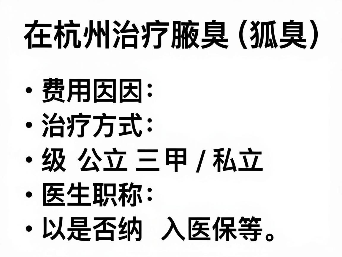 在杭州治疗腋臭（狐臭）的费用因治疗方式、医院等级（公立三甲/私立）医生职称以及是否纳入医保等因素差异较大。以下是大致的费用范围供你参考