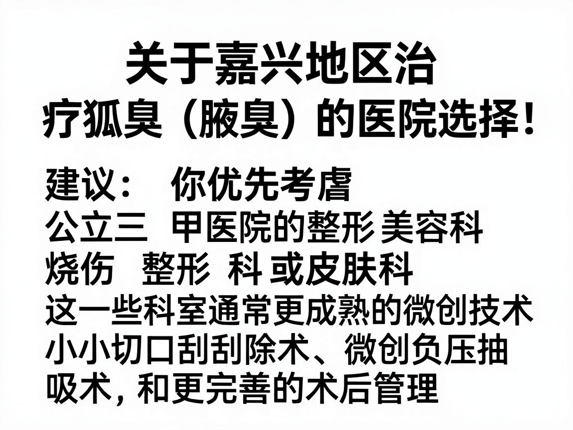 关于嘉兴地区治疗狐臭（腋臭）的医院选择，建议你优先考虑公立三甲医院的整形美容科、烧伤整形科或皮肤科，这些科室通常拥有更成熟的微创技术（如小切口刮除术、微创负压抽吸术）和更完善的术后管理