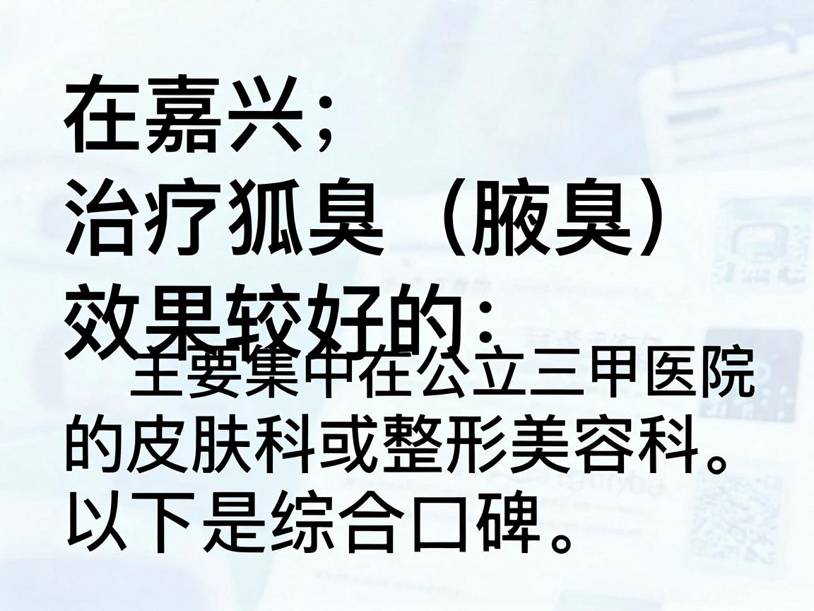 在嘉兴,治疗狐臭(腋臭)效果较好的医院主要集中在公立三甲医院的皮肤科或整形美容科。以下是综合口碑和医疗水平后的推荐 在嘉兴,治疗狐臭(腋臭)效果较好的医院主要集中在公立三甲医院的皮肤科或整形美容科。以下是综合口碑和医疗水平后的推荐