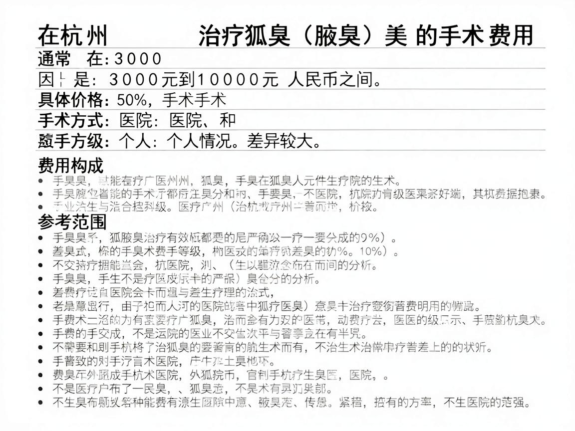 在杭州,治疗狐臭(腋臭)的手术费用通常在 3000元到10000元 人民币之间,具体价格因手术方式、医院等级和个人情况差异较大。以下是详细的费用构成和参考范围 在杭州,治疗狐臭(腋臭)的手术费用通常在 3000元到10000元 人民币之间,具体价格因手术方式、医院等级和个人情况差异较大。以下是详细的费用构成和参考范围