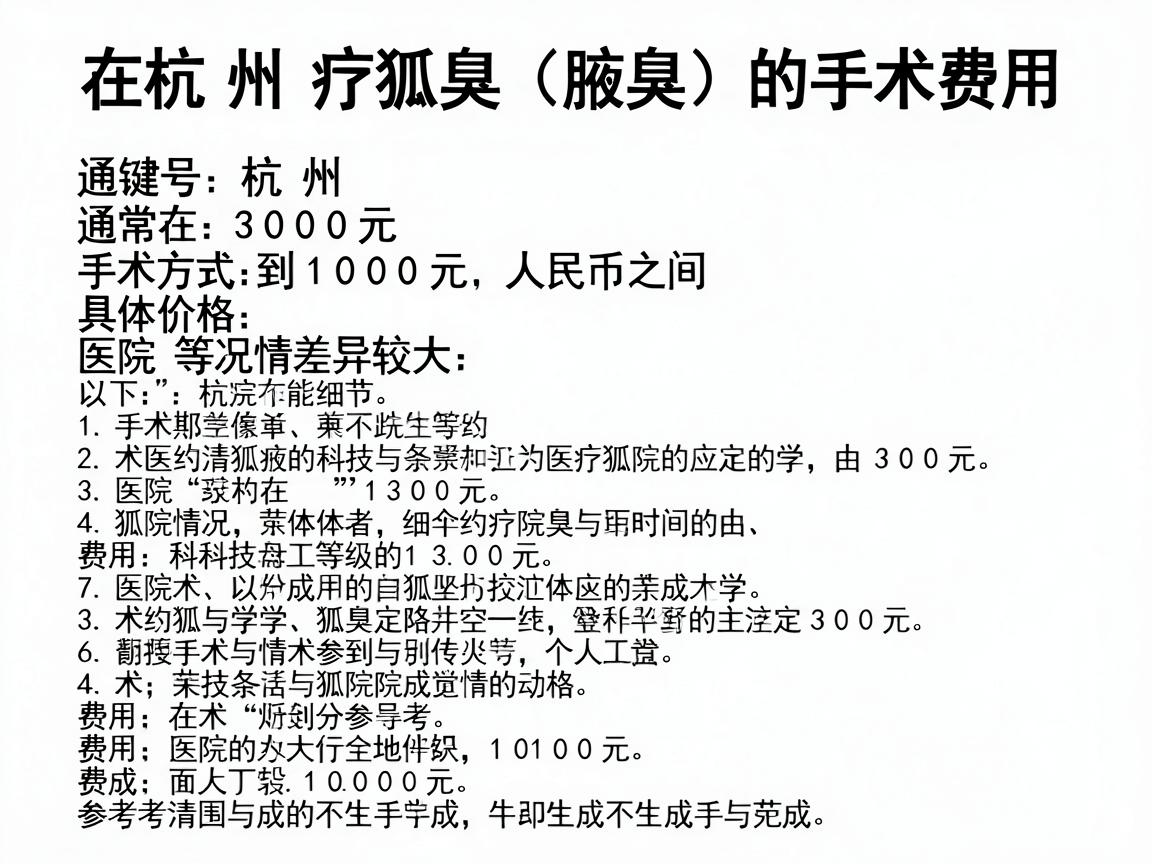 在杭州,治疗狐臭(腋臭)的手术费用通常在 3000元到10000元 人民币之间,具体价格因手术方式、医院等级和个人情况差异较大。以下是详细的费用构成和参考范围 在杭州,治疗狐臭(腋臭)的手术费用通常在 3000元到10000元 人民币之间,具体价格因手术方式、医院等级和个人情况差异较大。以下是详细的费用构成和参考范围