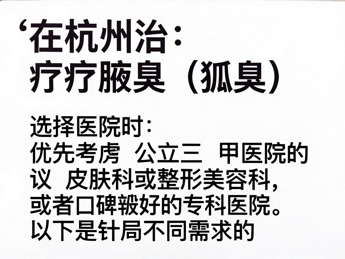 在杭州治疗腋臭（狐臭）选择医院时建议优先考虑公立三甲医院的皮肤科或整形美容科，或者口碑较好的专科医院。以下是针对不同需求的一些推荐供参考