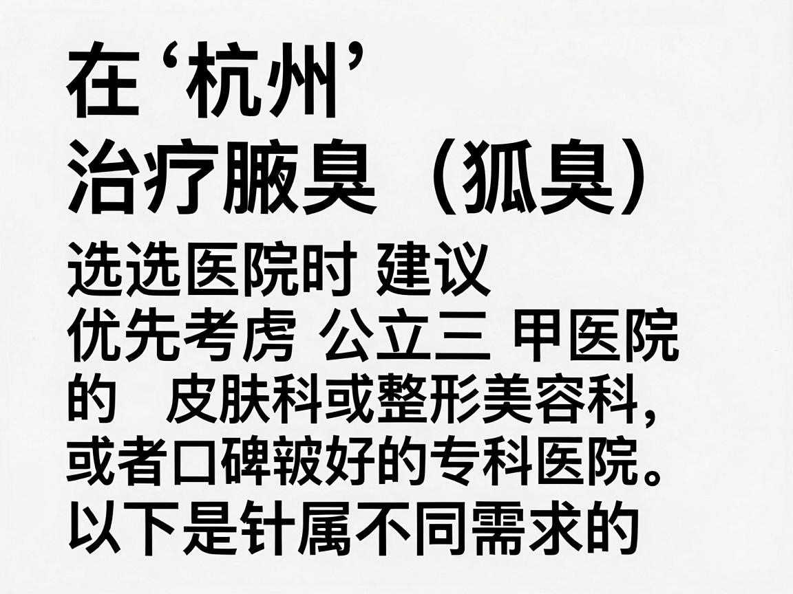 在杭州治疗腋臭（狐臭）选择医院时建议优先考虑公立三甲医院的皮肤科或整形美容科，或者口碑较好的专科医院。以下是针对不同需求的一些推荐供参考