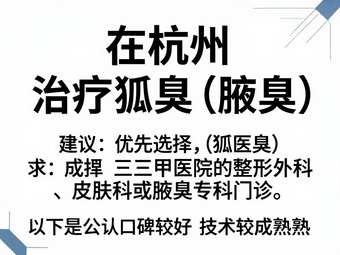 在杭州,治疗狐臭(腋臭)建议优先选择三甲医院的整形外科、皮肤科或腋臭专科门诊。以下是公认口碑较好、技术较成熟的医院推荐,供你参考 在杭州,治疗狐臭(腋臭)建议优先选择三甲医院的整形外科、皮肤科或腋臭专科门诊。以下是公认口碑较好、技术较成熟的医院推荐,供你参考